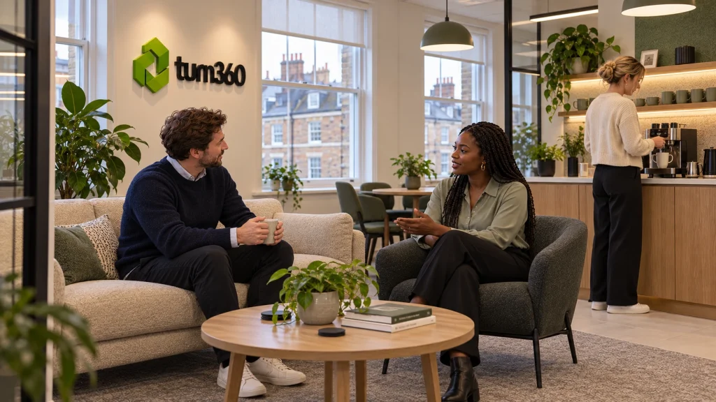 Lounge and kitchen at the Turn360 London office